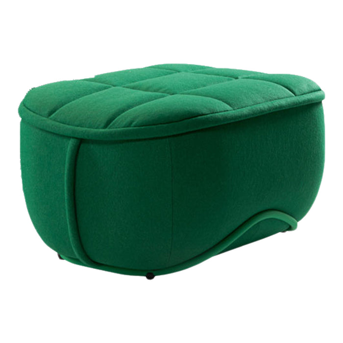 Green quilted ottoman with a contemporary curved design, perfect for modern decor. Ideal for adding a pop of color.