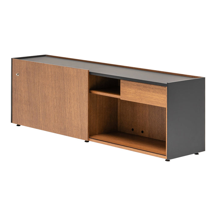 Stylish modern low cabinet with a warm wood grain finish and sleek black accents, featuring smooth surfaces and minimalist design.