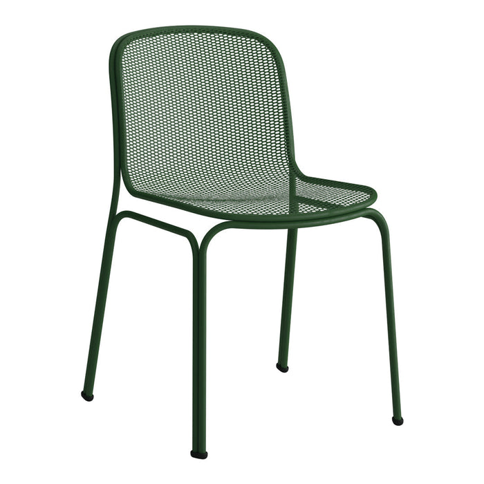 Green metal chair with a textured mesh pattern, perfect for outdoor and indoor settings.