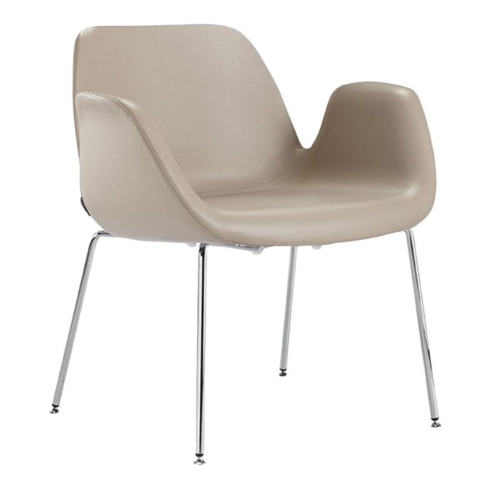 Beige modern chair with a smooth surface, featuring chrome legs and minimalist design. Ideal for stylish interiors.