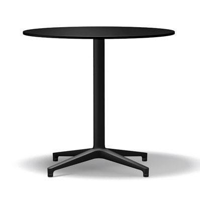 Round black table with a sleek, minimalistic design and a sturdy black metal base. Perfect for modern decor.
