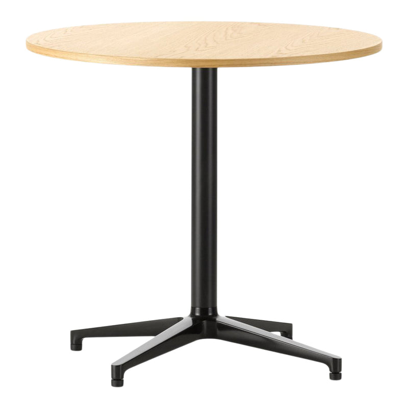 Round wooden tabletop in light natural finish with a sleek black metal base, offering a modern and minimalist design.