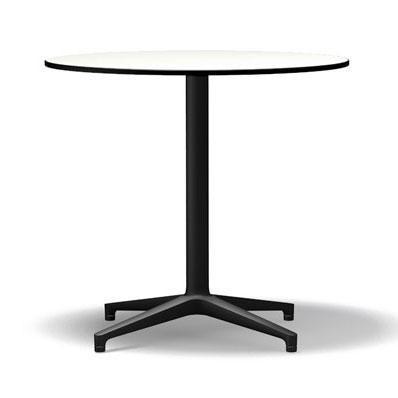 Round white tabletop with a sleek black base, featuring a minimalist design and smooth surface.
