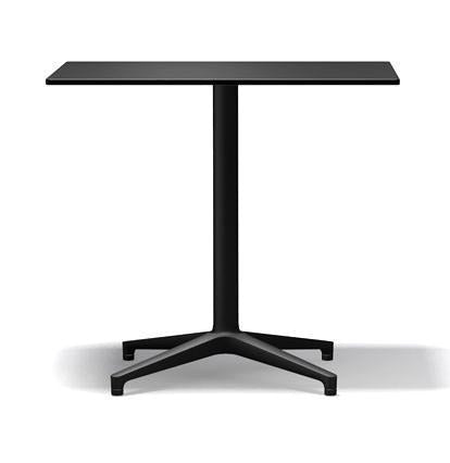 Black square tabletop with a sleek black base, modern design, and minimalist style. Perfect for contemporary spaces.