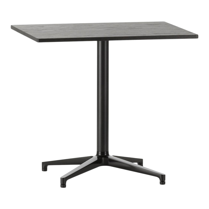 Black square table with a textured surface and a sleek black metal base, perfect for modern dining spaces.