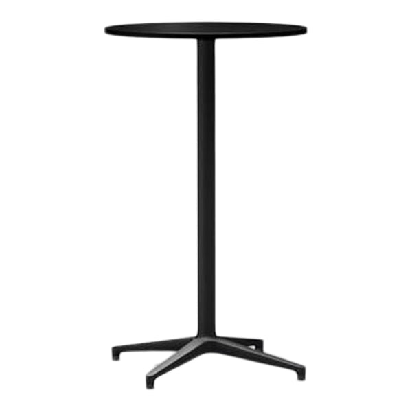 Black round top table with a sleek, minimalist design and a sturdy three-legged base pattern.