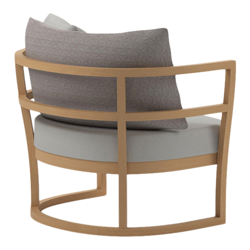 Light gray cushion with a textured gray pillow featuring a geometric pattern, framed by a natural wood base.