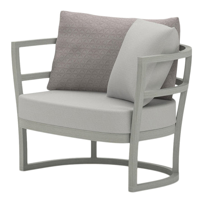Gray chair with a textured purple pillow and a smooth light gray seat, featuring a modern geometric design.