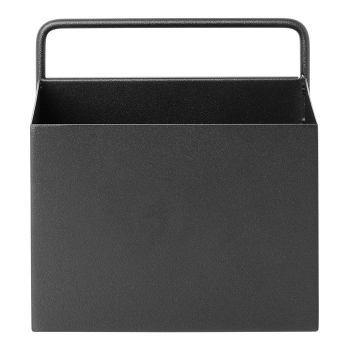Black metal storage box with a sleek, minimalistic design and a sturdy handle. Perfect for modern decor.