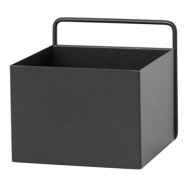 Sleek black square storage basket with a minimalist design and a sturdy handle for easy carrying.