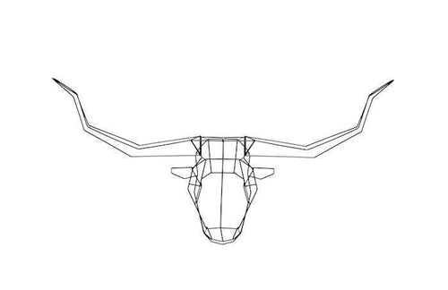 Wireframe design of a longhorn skull in black and white, featuring intricate geometric patterns and sharp angles.