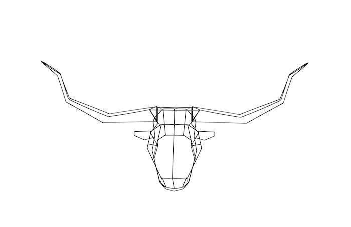 Wireframe design of a longhorn skull in black and white, featuring intricate geometric patterns and sharp angles.