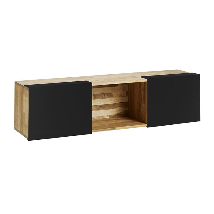 Modern black and natural wood TV stand with a sleek design and horizontal storage spaces. Ideal for contemporary decor.