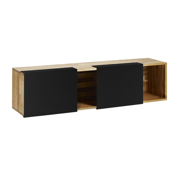 "Modern wooden sideboard in natural wood tone with sleek black sliding doors and minimalist design."