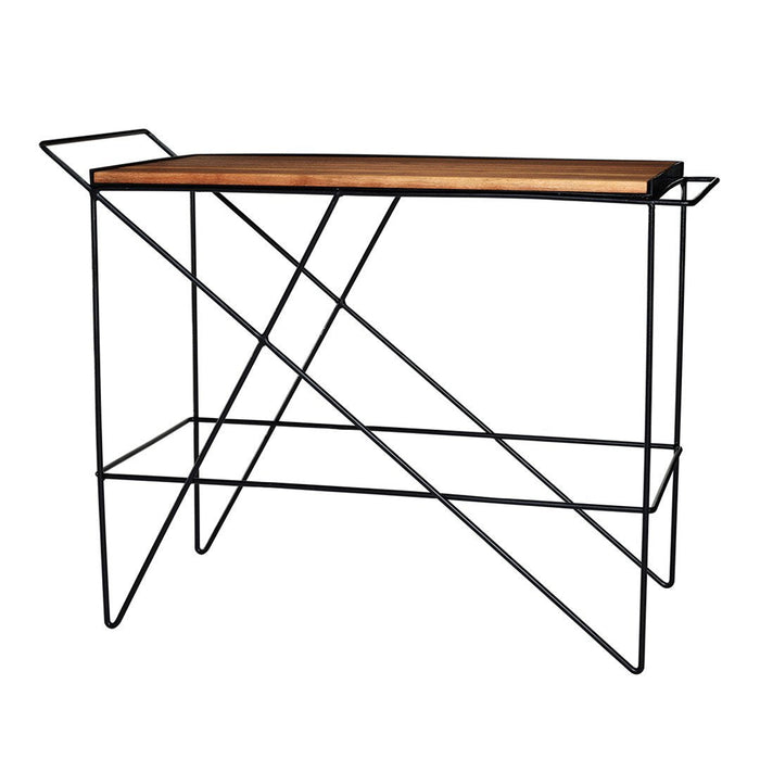 Black metal console table with a geometric design and a natural wood top, featuring clean lines and a modern aesthetic.