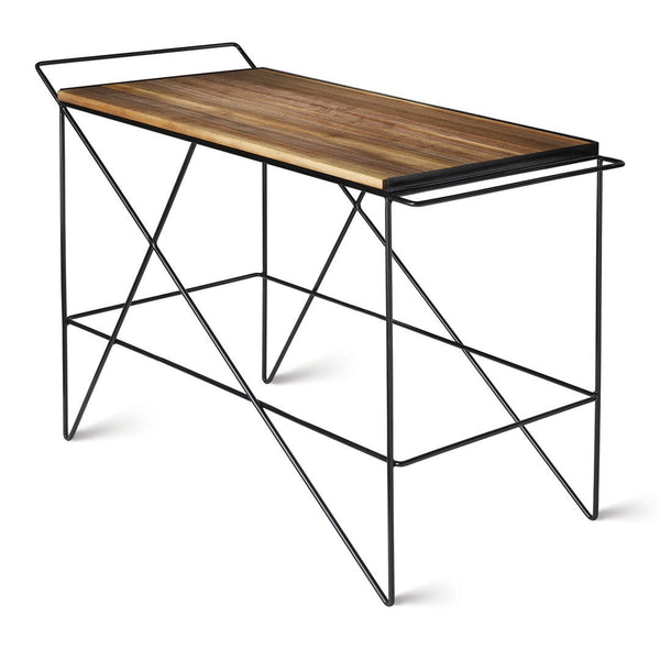 Wooden tabletop with a rich, dark finish and sleek black metal base, featuring an industrial geometric pattern.