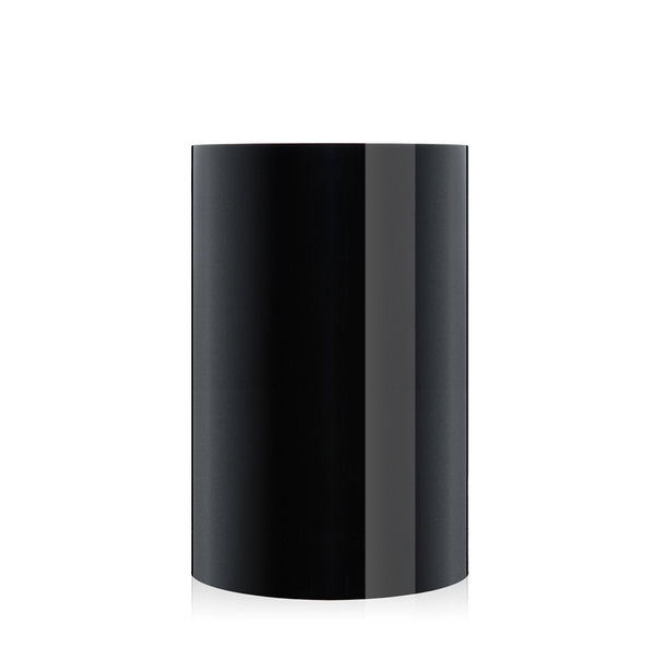 Glossy black cylindrical container with a sleek, modern finish and no visible patterns.
