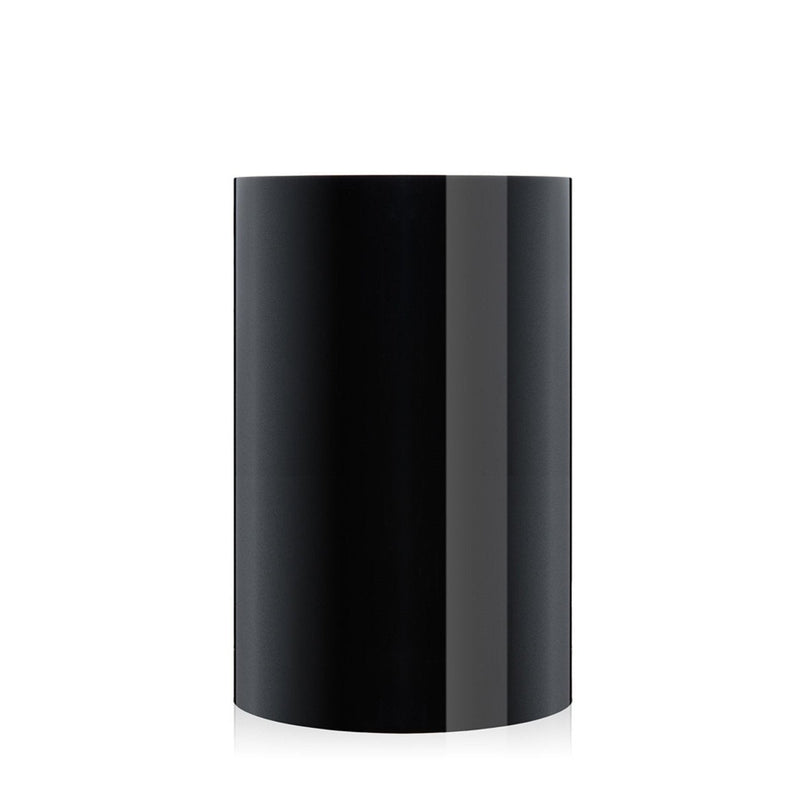 Glossy black cylindrical container with a sleek, modern finish and no visible patterns.