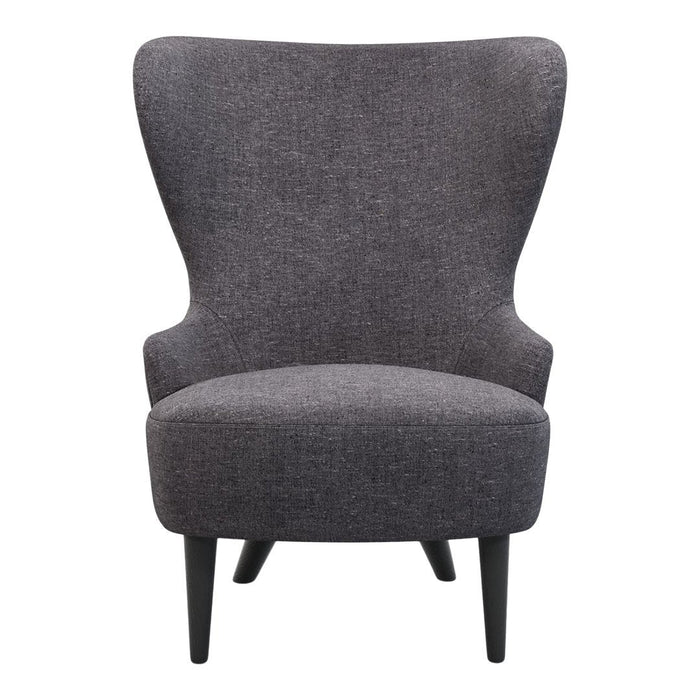 Gray upholstered accent chair with a smooth texture and a wingback design, featuring tapered black legs.