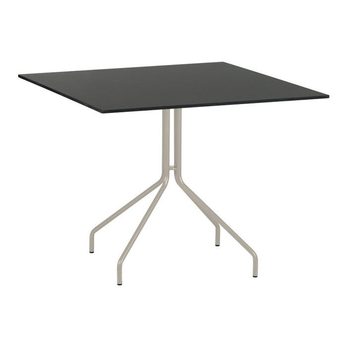 Black square table with a sleek, minimalist design and a light gray metal base. Ideal for modern decor.