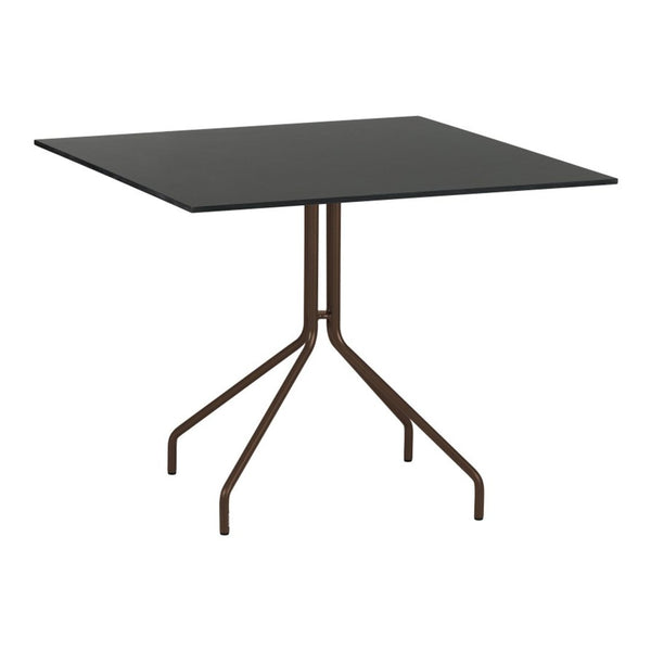 Black square tabletop with a minimalist design, supported by a sleek brown metal base. Perfect for modern decor.