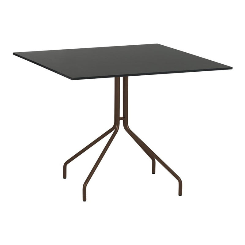 Black square tabletop with a minimalist design, supported by a sleek brown metal base. Perfect for modern decor.