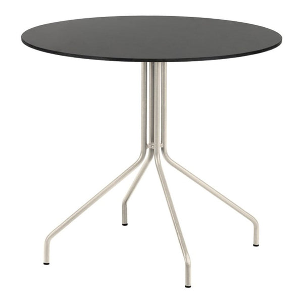 Round black table with a sleek silver base, featuring a minimalist design and smooth finish. Perfect for modern spaces.