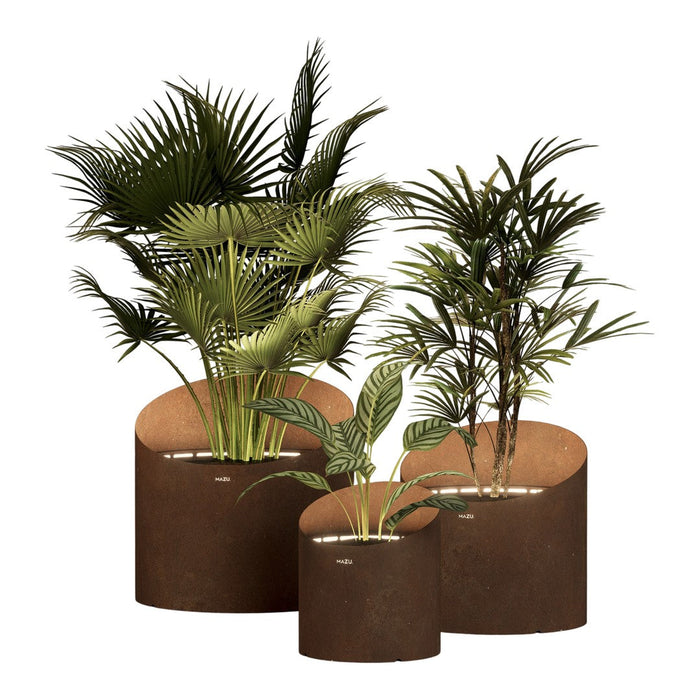 Three round planters in earthy brown tones, featuring lush green tropical plants. Elegant and modern design.