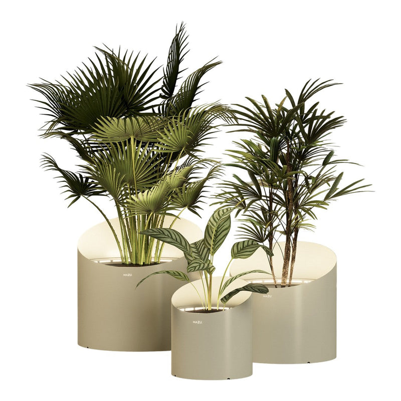 Lush green plants in modern beige planters, featuring varied leaf shapes and textures for a stylish decor touch.