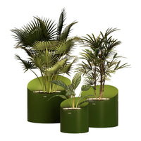 Set of three modern planters in varying shades of green, featuring lush tropical plants and smooth, circular designs.