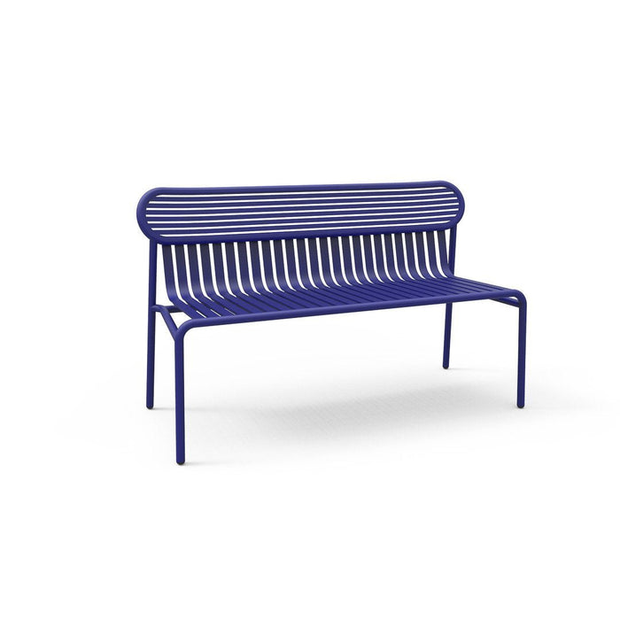 Blue striped metal bench with a modern design and sleek lines, perfect for outdoor or indoor use.