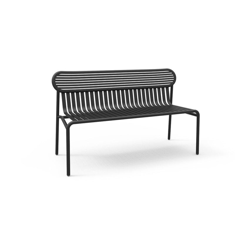 Black metal bench with sleek, horizontal striped design, perfect for modern outdoor settings.