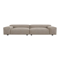 Beige contemporary sofa with a minimalist design and smooth, soft texture. Perfect for modern living spaces.