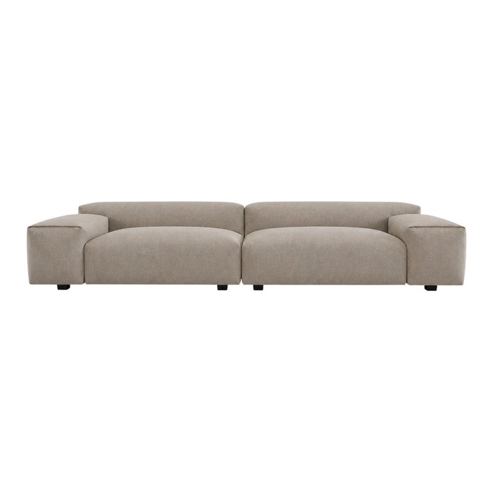 Beige contemporary sofa with a minimalist design and smooth, soft texture. Perfect for modern living spaces.