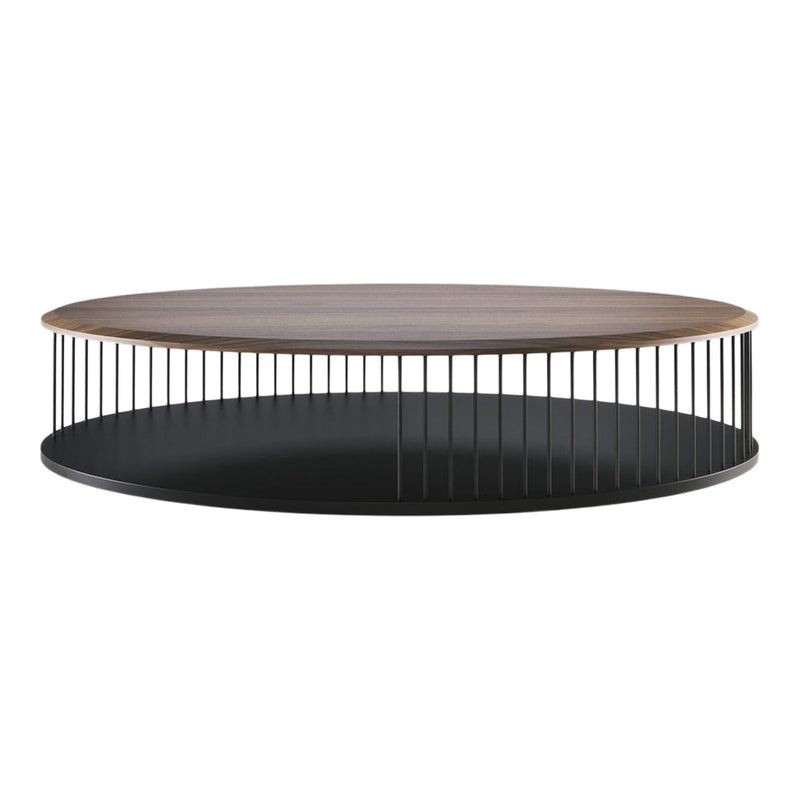 Round coffee table with a wood top and black metal base, featuring a sleek, modern design and open wire pattern.