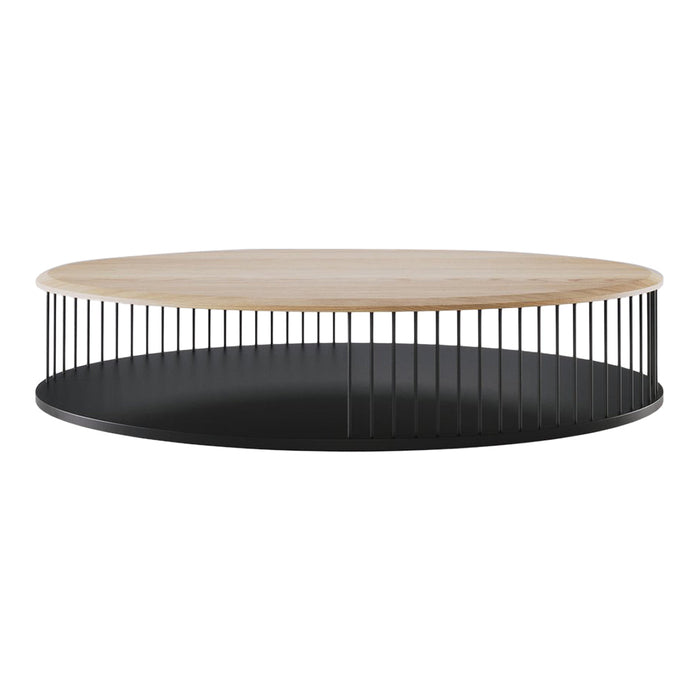 Round coffee table with a natural wood top and black metal base featuring vertical linear patterns. Stylish and modern design.