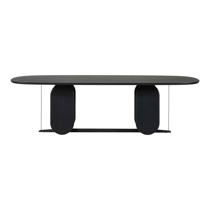 Sleek black oval table with minimalistic design and textured cylindrical bases, perfect for modern interiors.