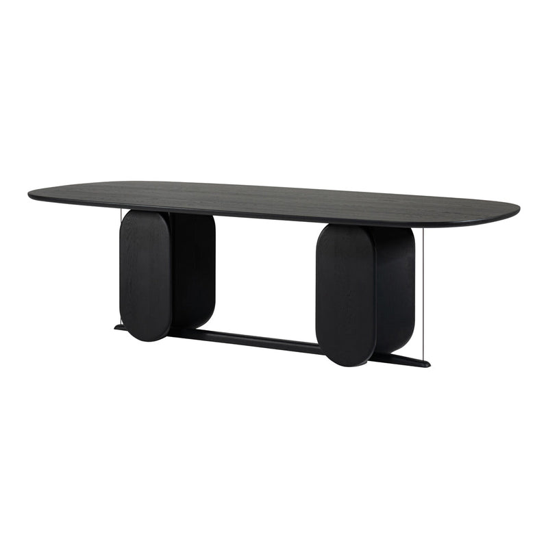 Sleek black oval dining table with a smooth finish and geometric base design. Ideal for modern interiors.