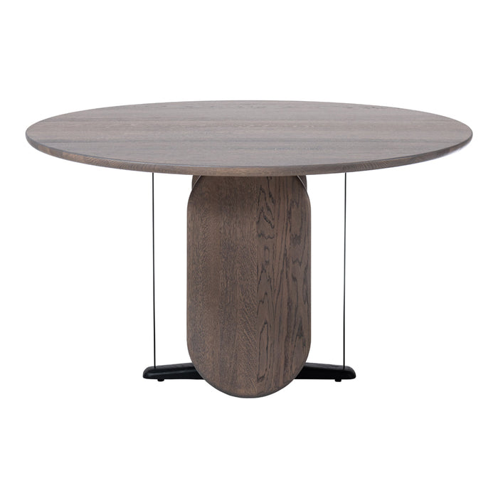 Round wooden dining table in a light gray finish with a smooth top and textured cylindrical base.