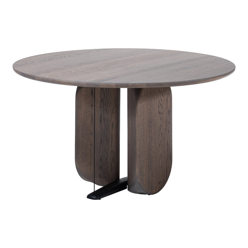 Round wooden dining table in a sleek gray finish with a modern black base. Smooth, minimalist design and contemporary style.