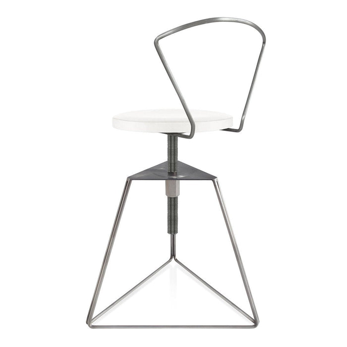 Modern white chair with a sleek chrome base and minimalist design, featuring a geometric pattern in its structure.