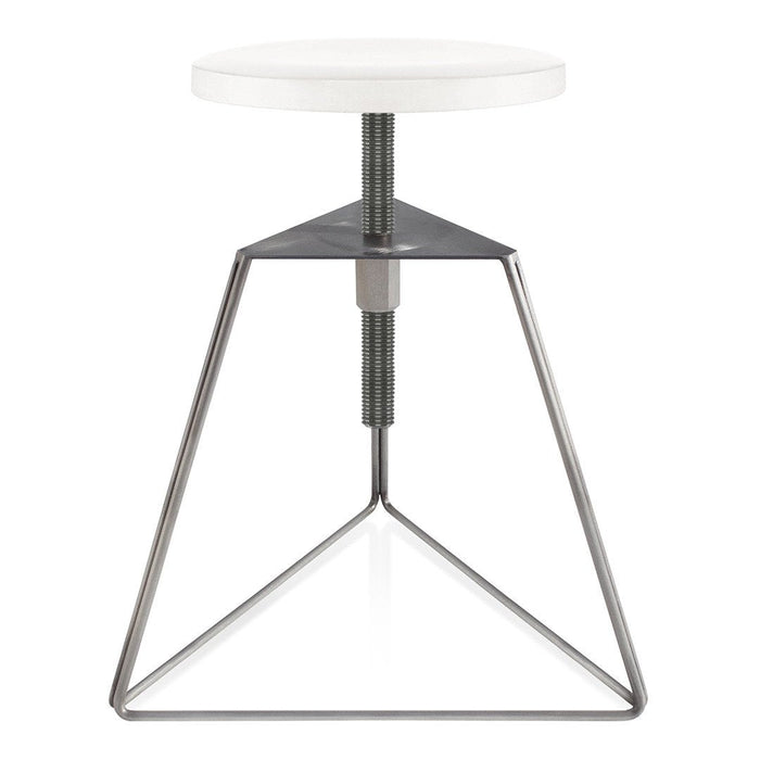 White round stool with a sleek stainless steel base in a modern geometric design.