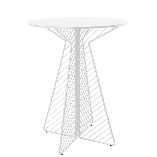 White round top table with a geometric wire base featuring vertical and diagonal lines. Minimalist design for modern decor.