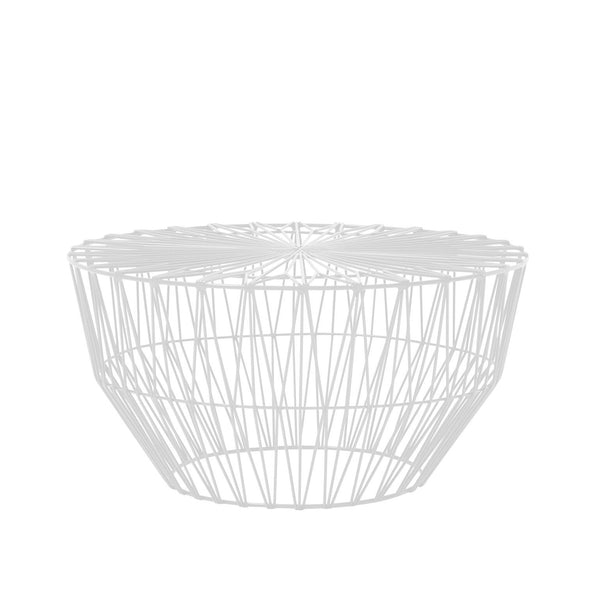 White geometric wire basket with an open pattern, ideal for storage and decor.