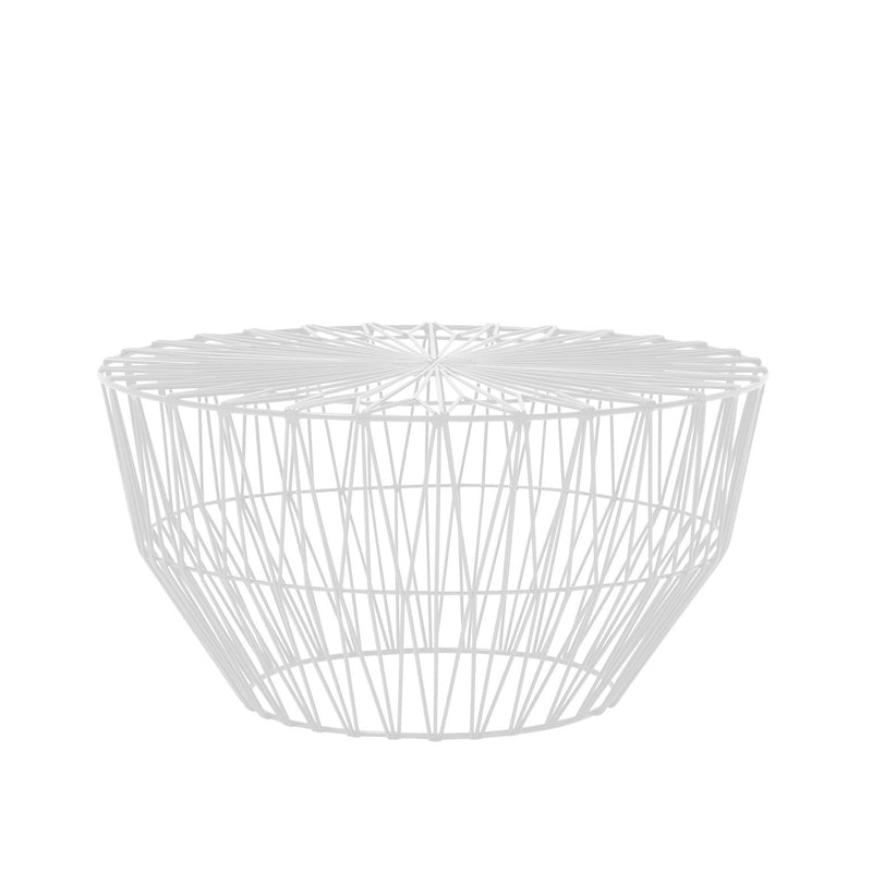 White geometric wire basket with an open pattern, ideal for storage and decor.