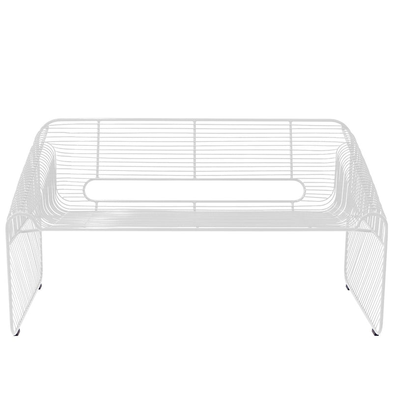 White wire bench with a minimalistic design, featuring clean lines and an open pattern for a modern look.