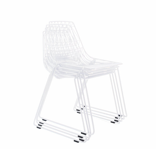 Stackable transparent white wire chair with a minimalist design and subtle grid pattern. Perfect for modern spaces.