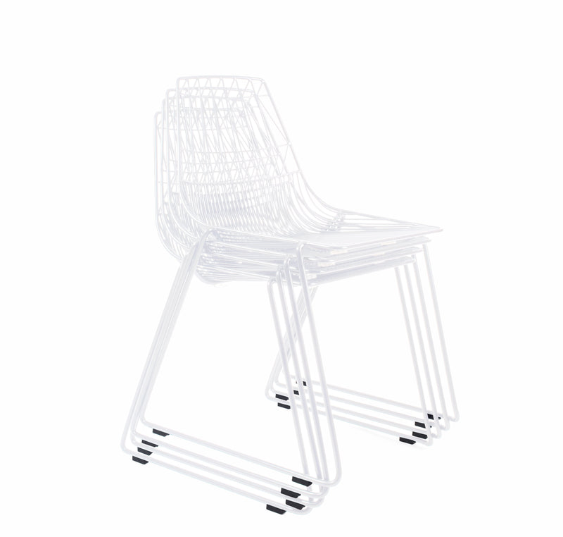 Stackable transparent white wire chair with a minimalist design and subtle grid pattern. Perfect for modern spaces.