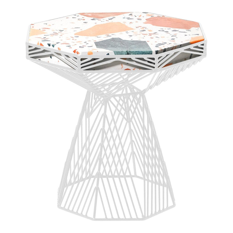 Octagonal side table with a colorful, abstract patterned top featuring terracotta, teal, and white accents.