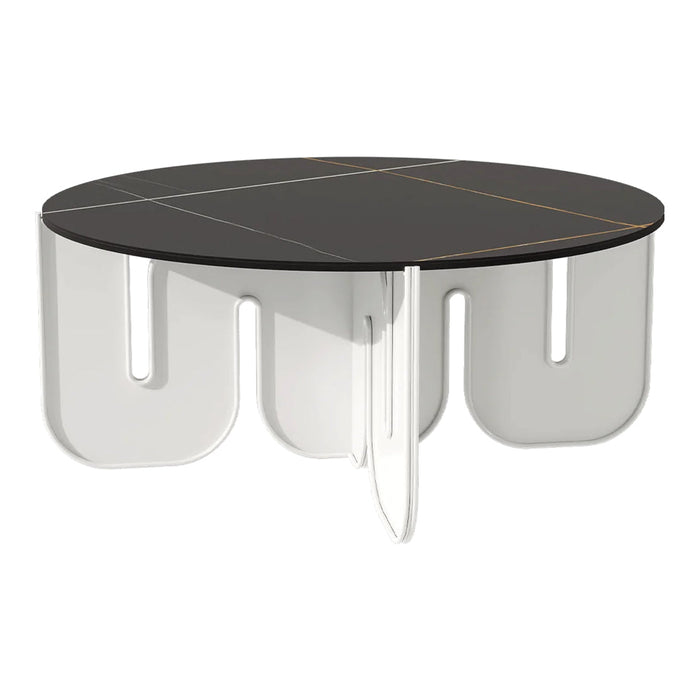 Modern round coffee table with a sleek black top and clear acrylic base, featuring minimalistic grid patterns.